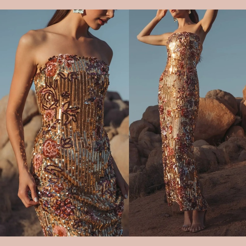 NWT MAC DUGGAL [ 14 ] 6193 Floral Embellished Strapless Column Gown‎ Gold J2375